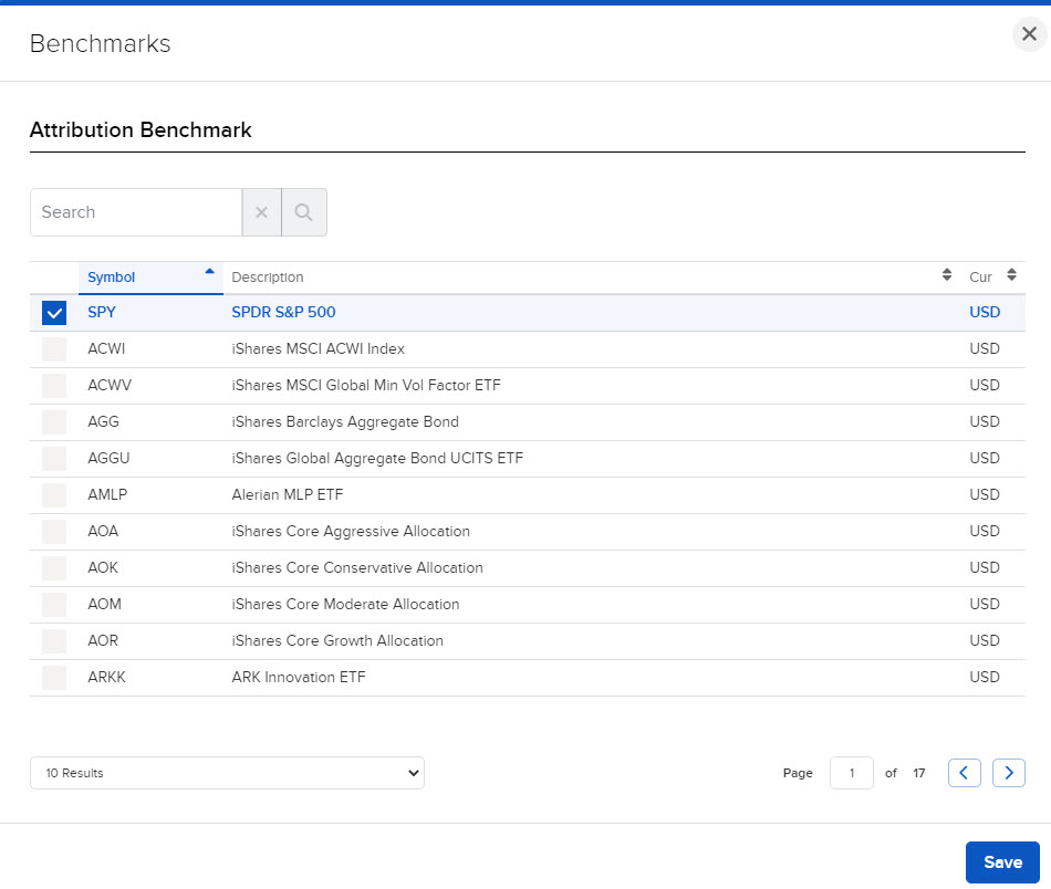 Image of the PortfolioAnalyst attribution benchmark panel. 